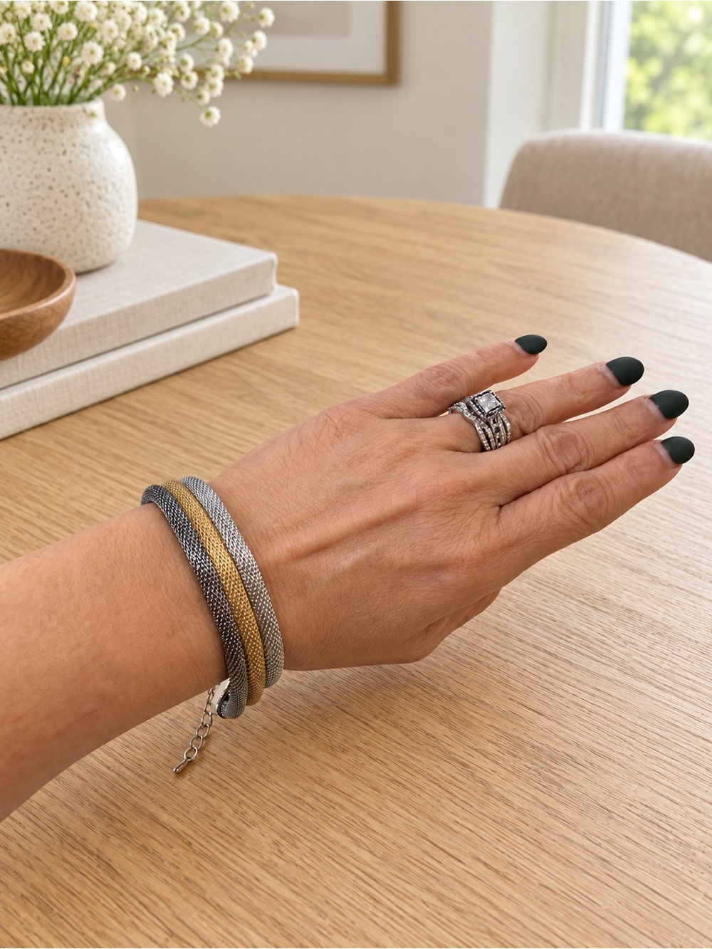 Tri-Tone Gold, Silver & Gunmetal Mesh Bracelet with Extender